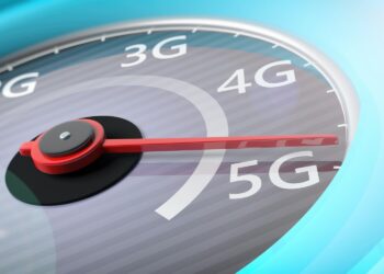 5G High speed network connection. Reaching 5g, speedometer closeup view. 3d illustration