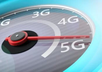 5G High speed network connection. Reaching 5g, speedometer closeup view. 3d illustration