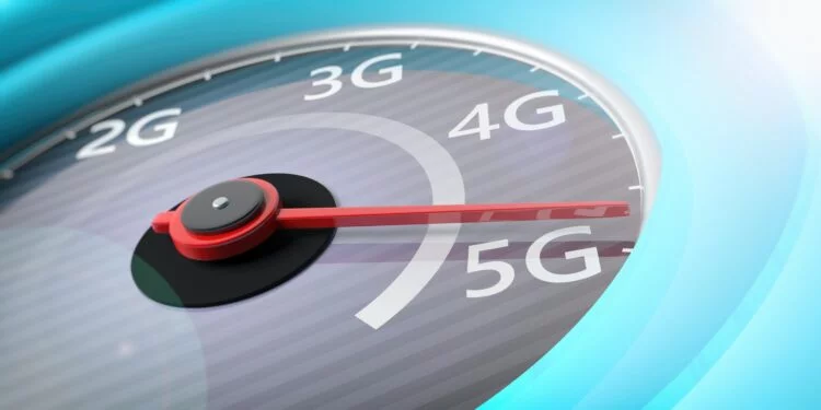 5G High speed network connection. Reaching 5g, speedometer closeup view. 3d illustration