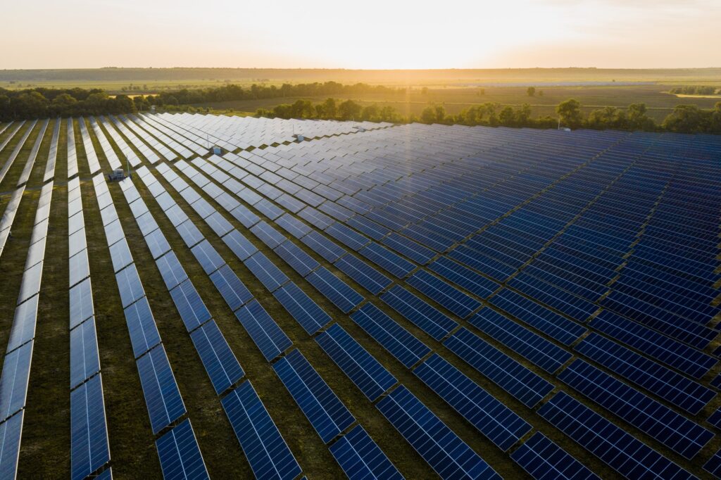 Aerial top view of a solar panels power plant