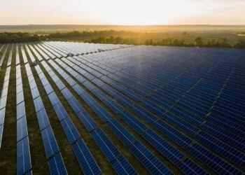 Aerial top view of a solar panels power plant