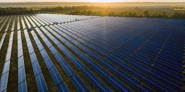 Aerial top view of a solar panels power plant