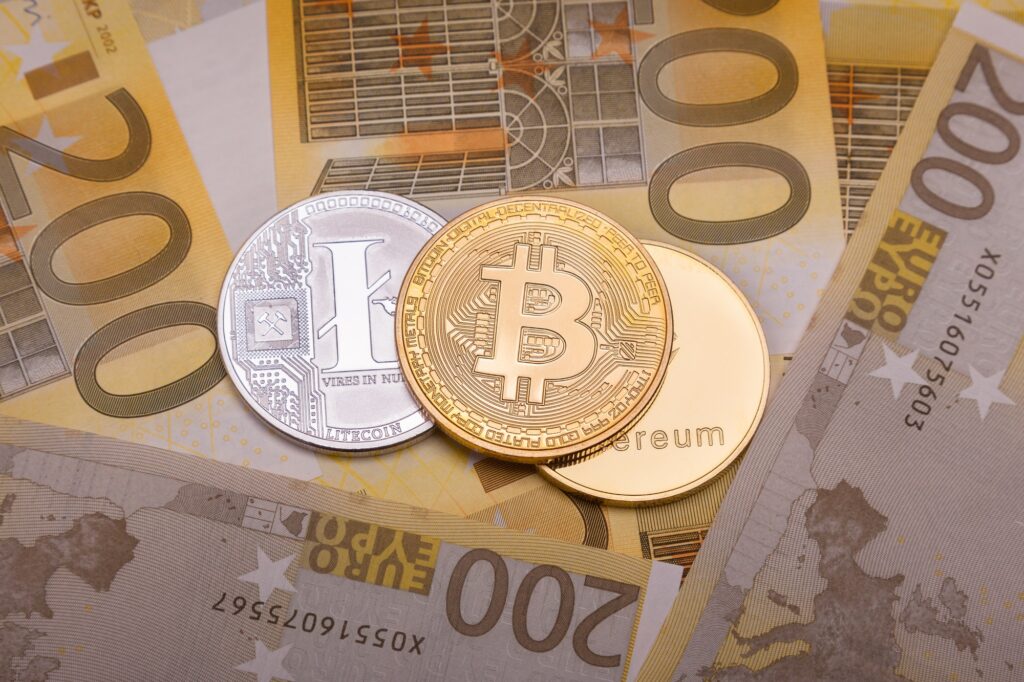 Bitcoin btc crypto currency coin over 200 euro bank notes