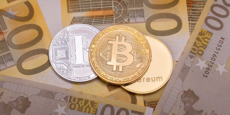 Bitcoin btc crypto currency coin over 200 euro bank notes
