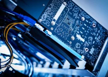 Bitcoin mining device in a close-up shot.