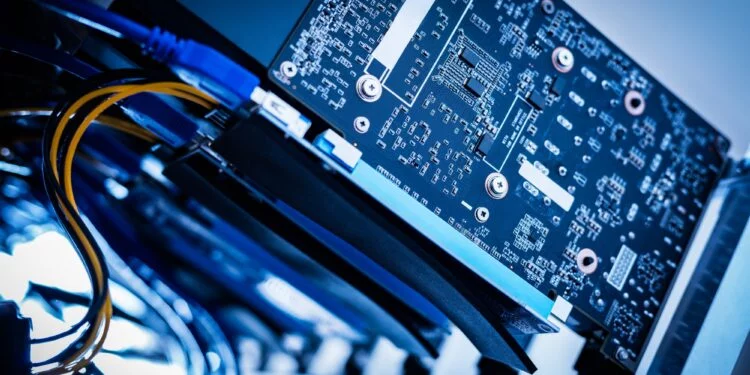 Bitcoin mining device in a close-up shot.