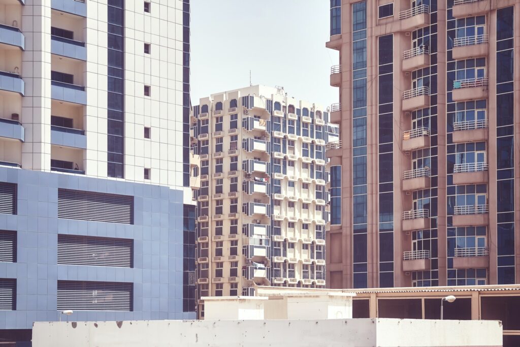 Close up picture of residential buildings facades.