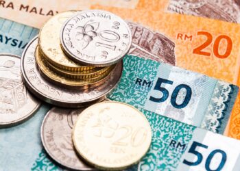 Closeup of Malaysia Ringgit currency notes and coins