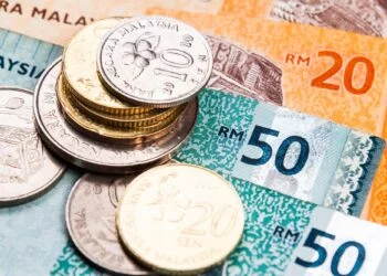 Closeup of Malaysia Ringgit currency notes and coins