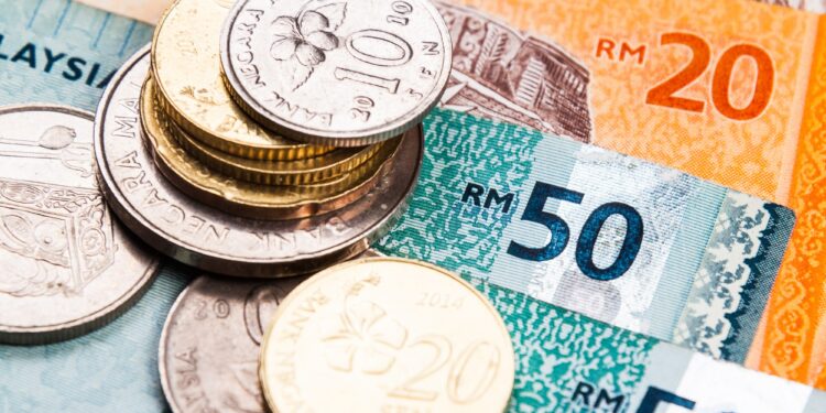 Closeup of Malaysia Ringgit currency notes and coins