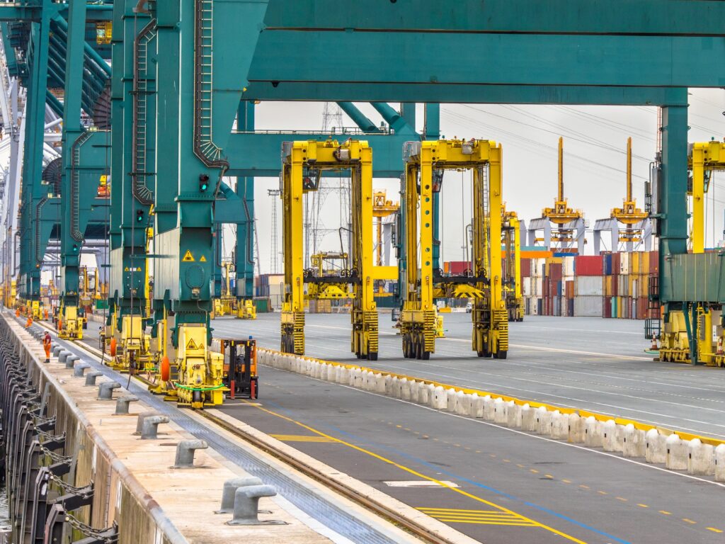 Giant wharf cranes in container terminal