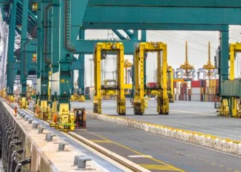 Giant wharf cranes in container terminal