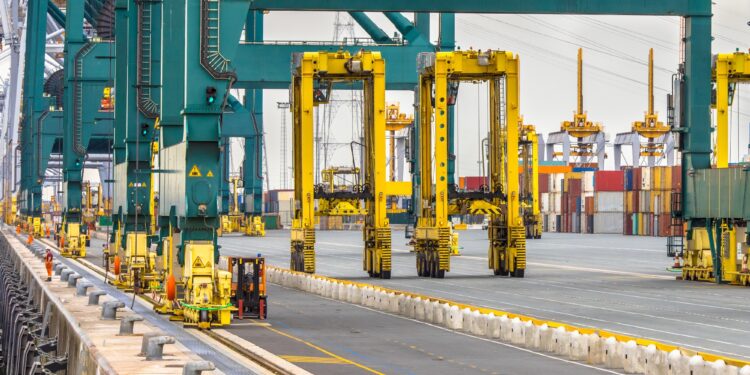 Giant wharf cranes in container terminal