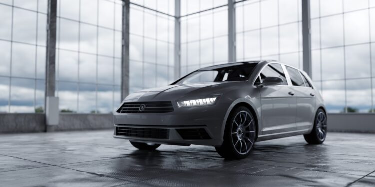 Modern compact car in warehouse daylight.