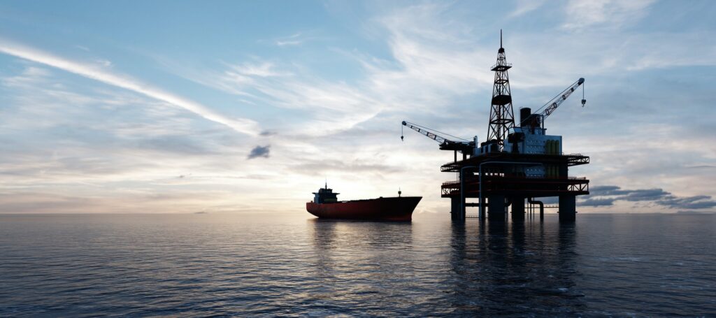 Oil platform on the ocean. Offshore drilling for gas and petroleum