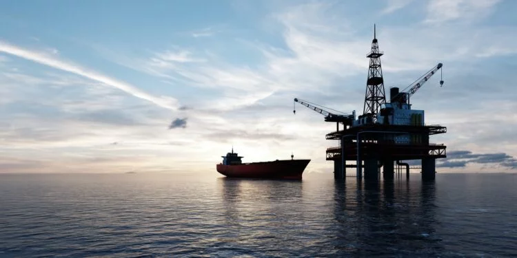 Oil platform on the ocean. Offshore drilling for gas and petroleum