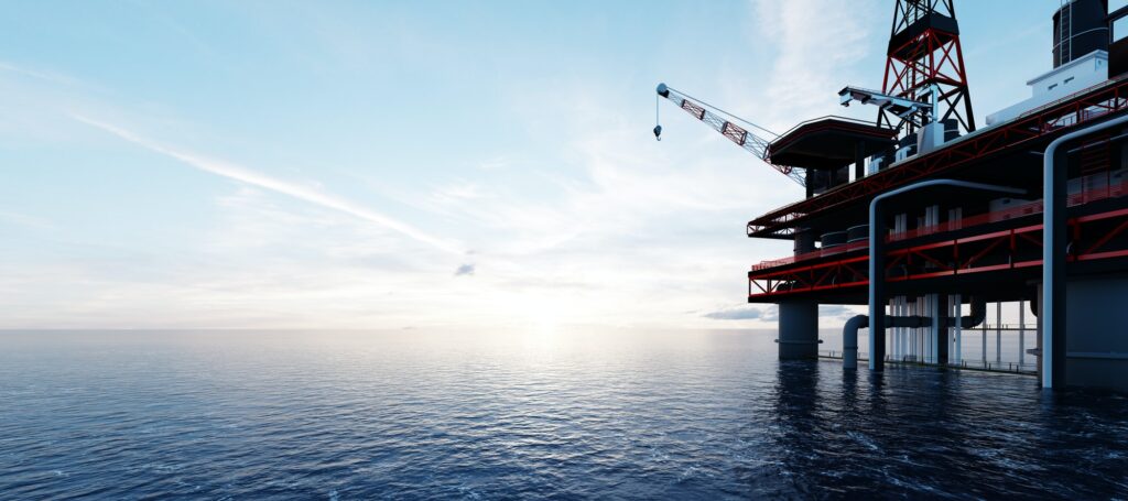 Oil platform on the ocean. Offshore drilling for gas and petroleum