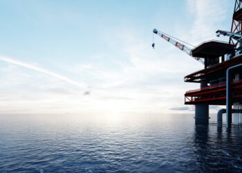 Oil platform on the ocean. Offshore drilling for gas and petroleum