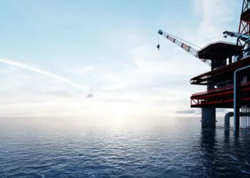 Oil platform on the ocean. Offshore drilling for gas and petroleum