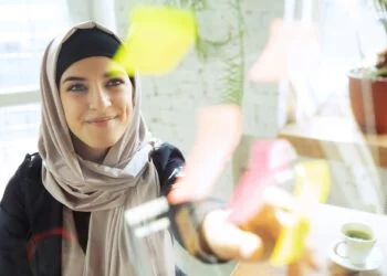Portrait of a beautiful arabian businesswoman wearing hijab while working