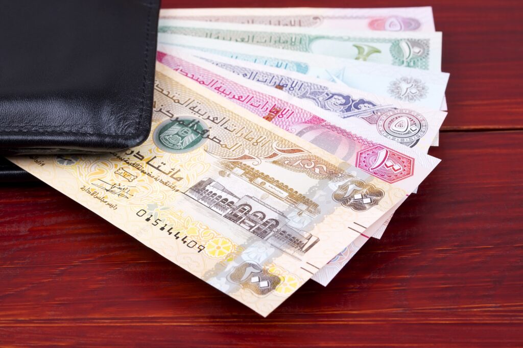 United Arab Emirates Dirham in the black wallet