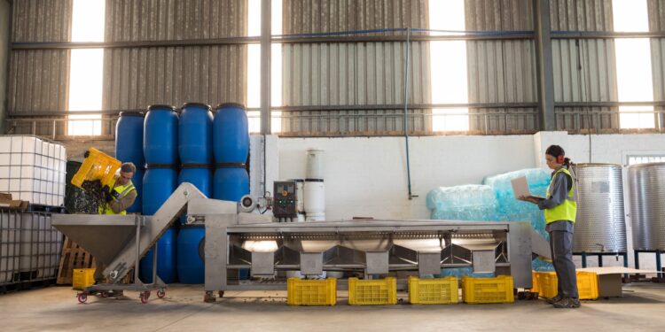 Workers working together near production line