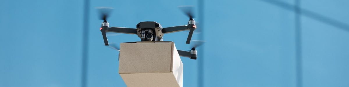 Innovation drone fast delivery concept, drone with cardboard parcel